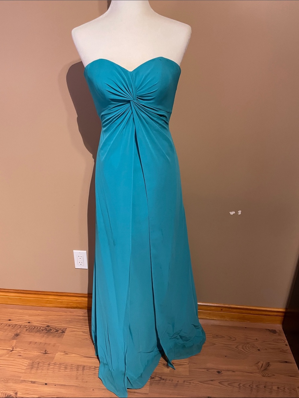 Strapless Teal Twist-Front Evening Dress